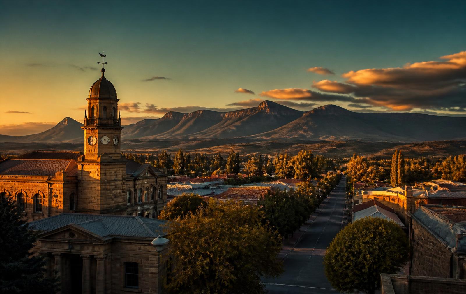 Bethlehem town centre at golden hour with the Maloti mountains beyond